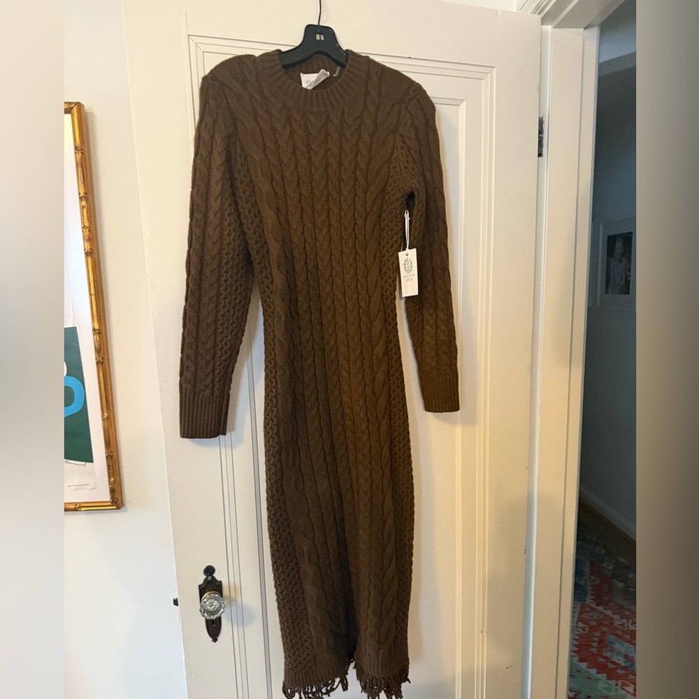 Hyacinth House | NEW Brown Freya Fringe Crewneck Sweater Midi Dress Size S